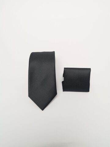 Erkek Füme Armürlü Mendilli Kravat Füme