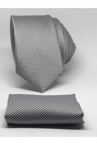 Erkek Gri Armürlü Mendilli Kravat Gri̇