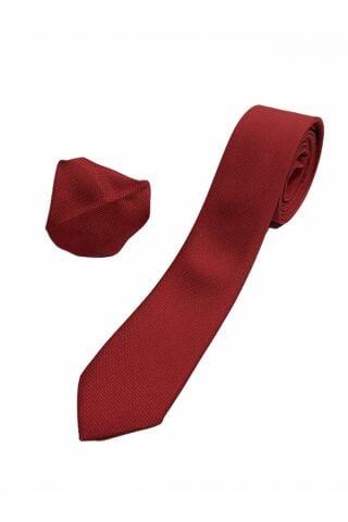 Erkek Kırmızı Armürlü Mendilli Kravat Kırmızı