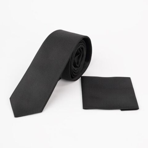 Erkek Siyah Armürlü Mendilli Kravat Siyah