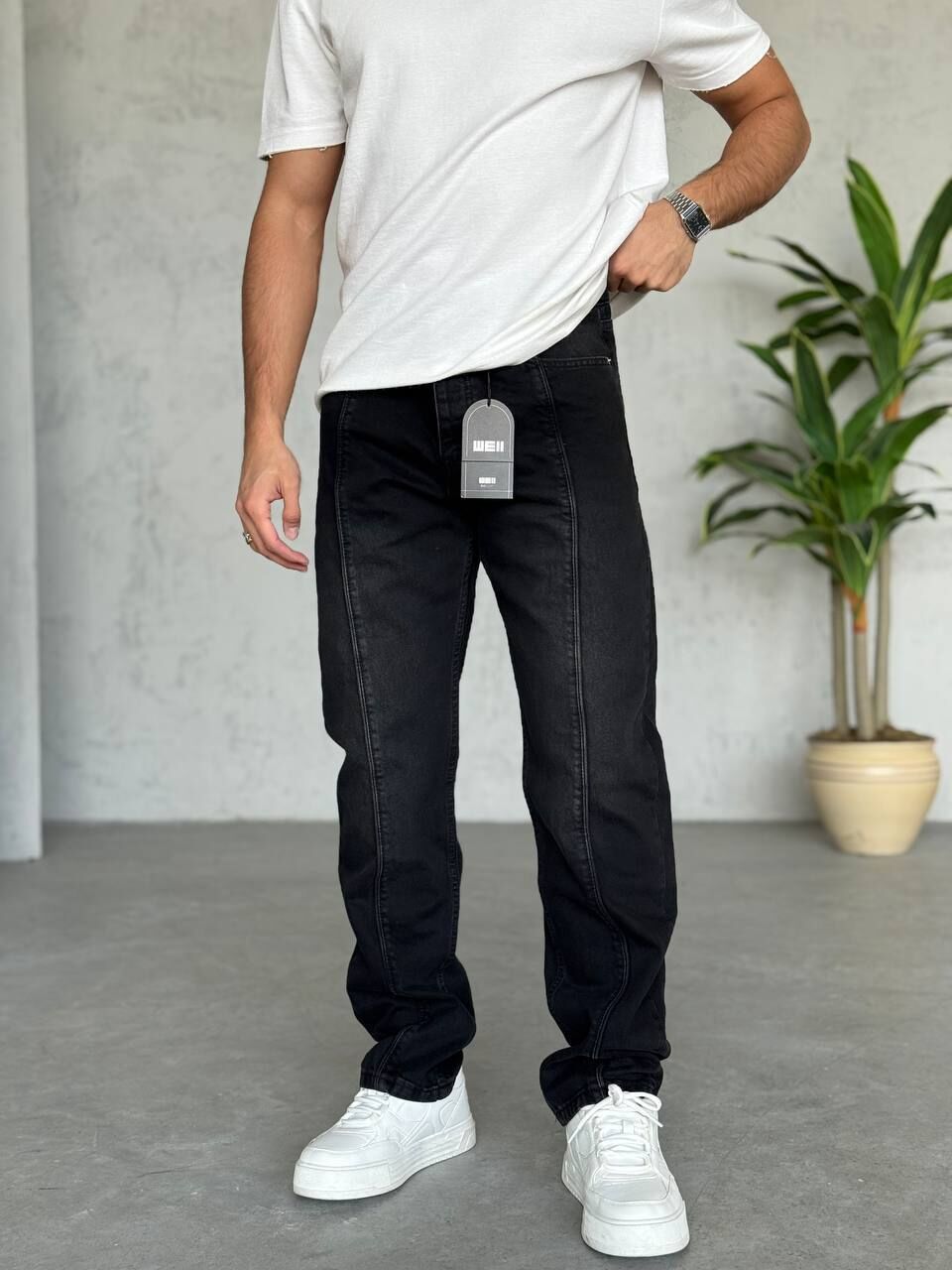 Erkek Baggy Dikiş Detaylı Kot Pantolon L