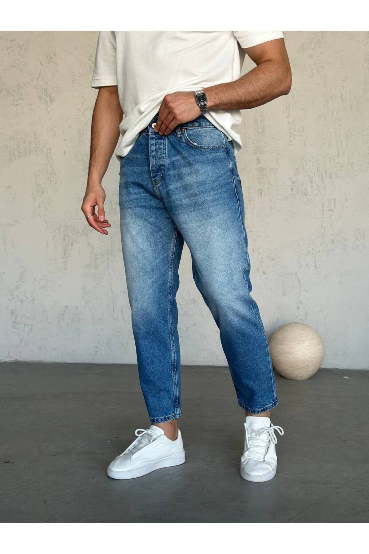 Erkek Boyfriend Yüksek Bel Bilek Boy Kot Pantolon Mavi - 32