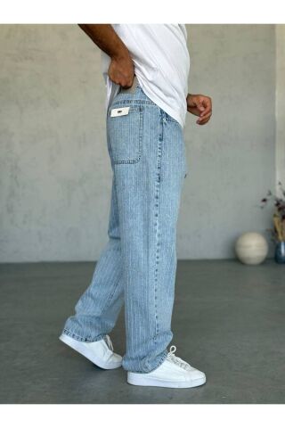 Erkek Baggy Geniş Uzun Kot Kemerli Yüksek Bel Denim Jeans Kot Pantolon Mavi - S