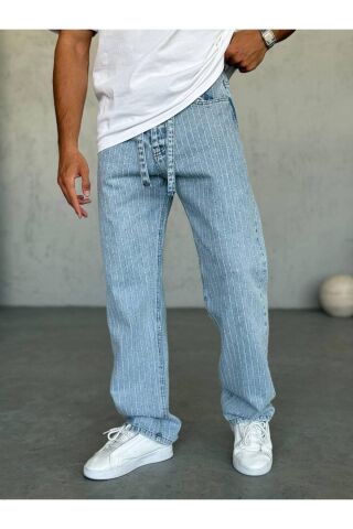 Erkek Baggy Geniş Uzun Kot Kemerli Yüksek Bel Denim Jeans Kot Pantolon Mavi - S