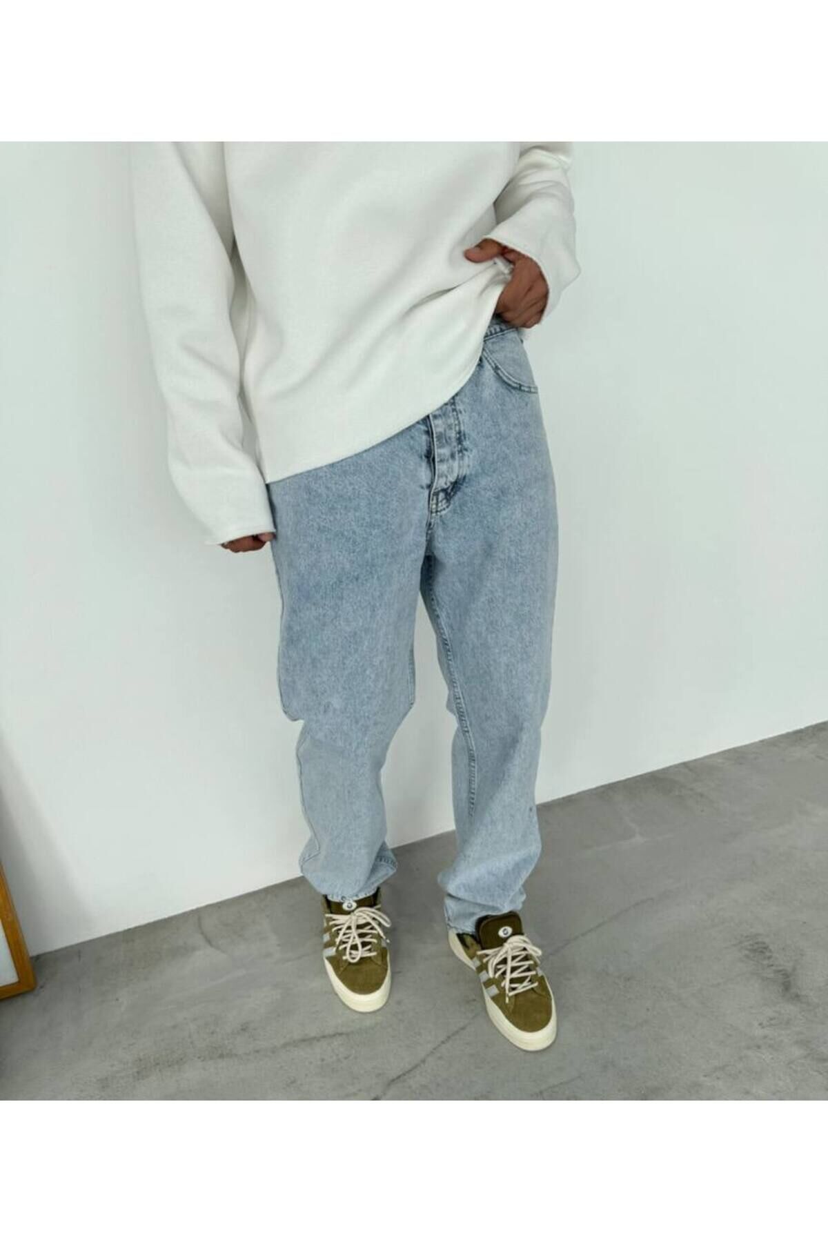 Erkek Asit Yıkama Mavi Baggy Pantolon Buz Mavisi - 31