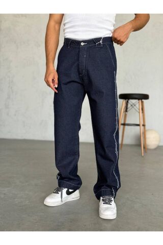 Erkek Premium Lacivert Yandan Beyaz Nakışlı Detaylı Geniş Uzun Baggy Yüksek Bel Pantolon Lacivert - S