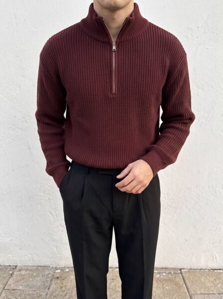 Erkek Triko Kalın Yarım Fermuarlı Kazak Bordo - XL