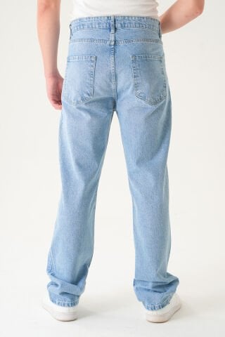 Erkek Taşlamalı Mavi Baggy Kot Pantolon
