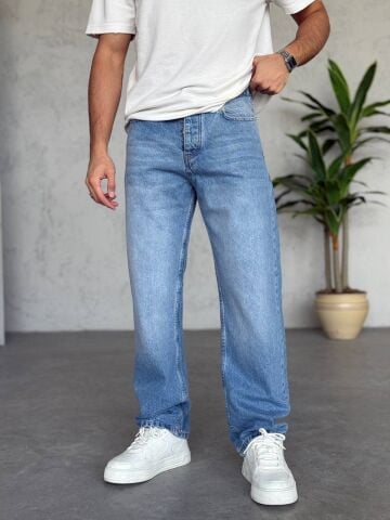 Erkek Taşlamalı Mavi Baggy Kot Pantolon 36