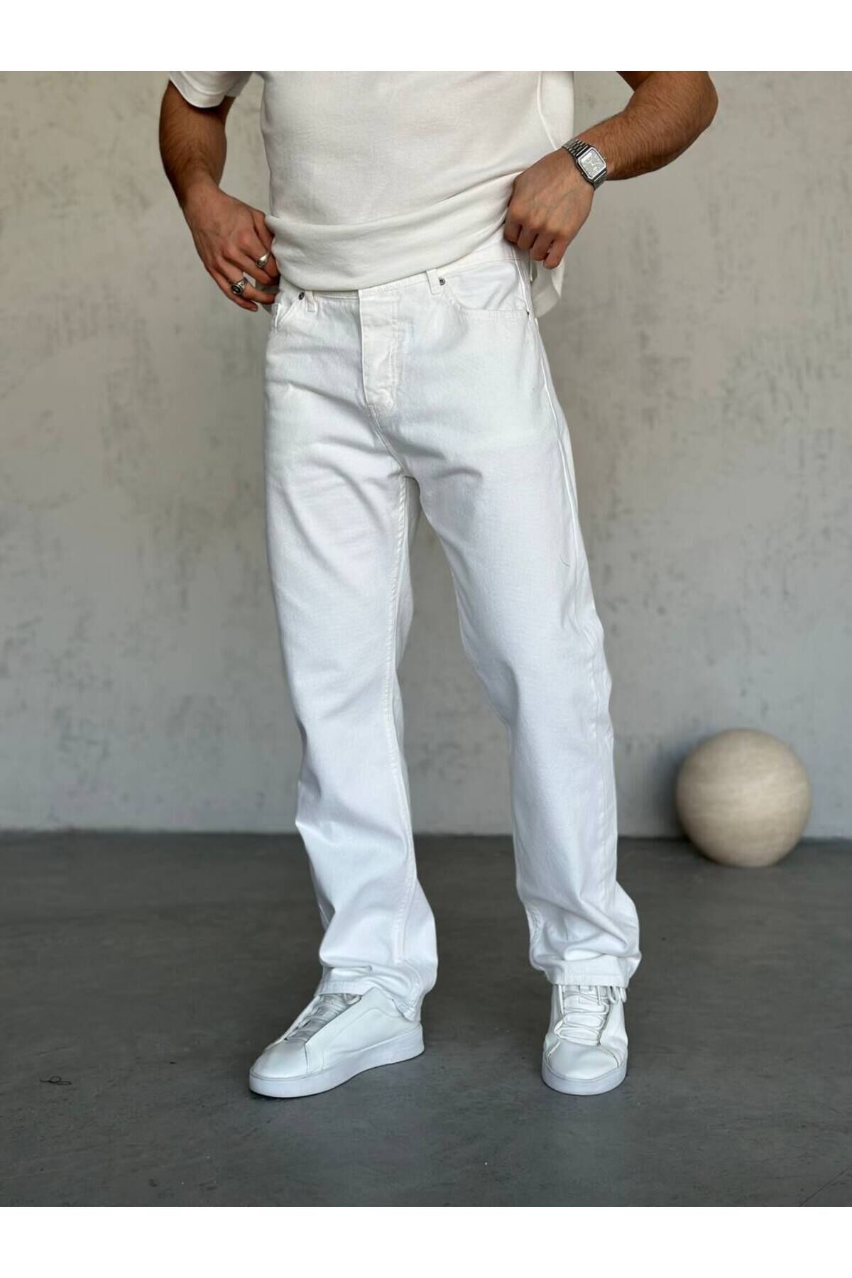 Erkek Baggy Rahat Kalıp Kot Pantolon Beyaz - 29