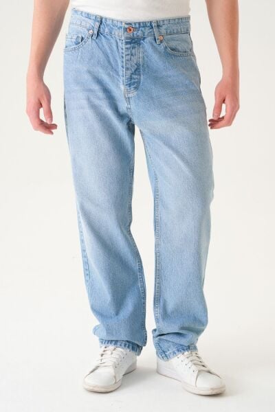 Erkek Taşlamalı Mavi Baggy Kot Pantolon 36