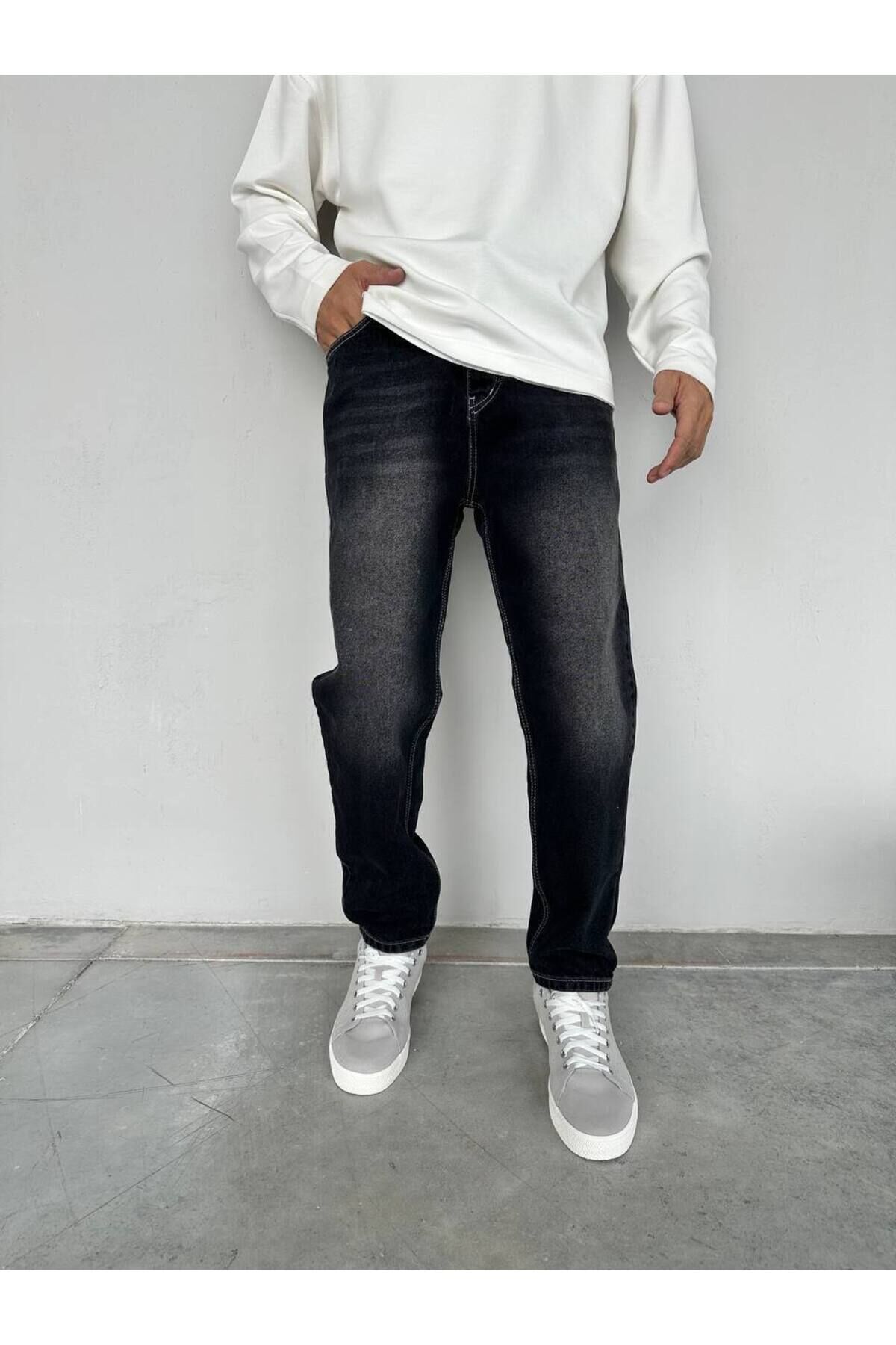 Erkek Rahat Kalıp Boyfriend Kot Pantolon Eskiyme Siyah - 32