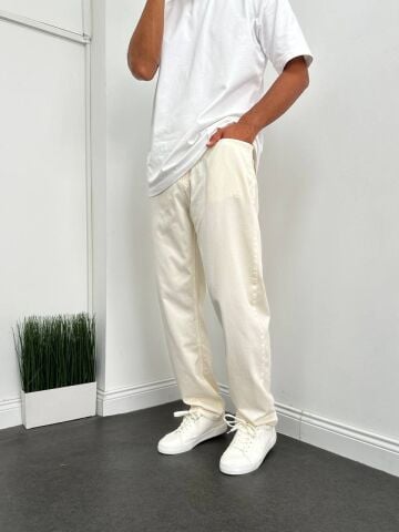 Erkek Baggy Keten Krem Lastikli Pantolon L