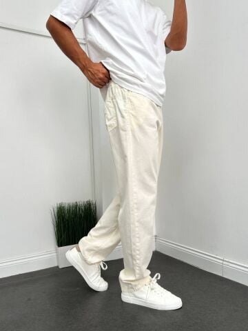 Erkek Baggy Keten Krem Lastikli Pantolon L