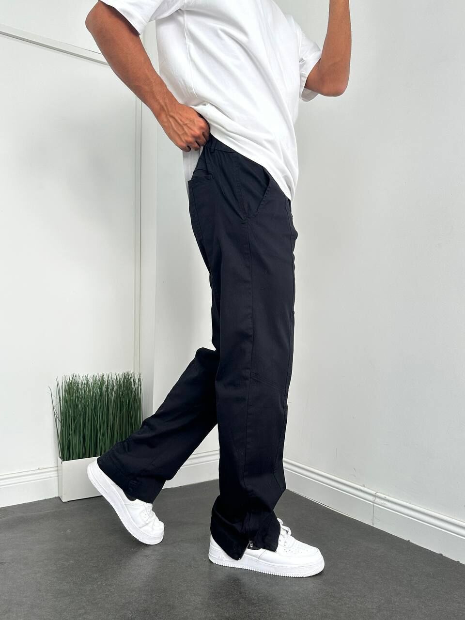 Erkek Baggy Paça Fermuarlı Beli Lastikli Düğmeli Pantolon XL