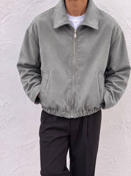 Erkek Bomber Süet Regular Fit Ceket Gri̇ - XL