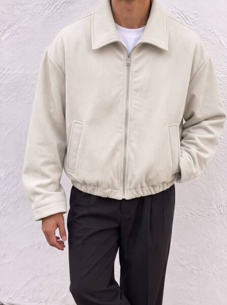Erkek Bomber Süet Regular Fit Ceket Beyaz - XL