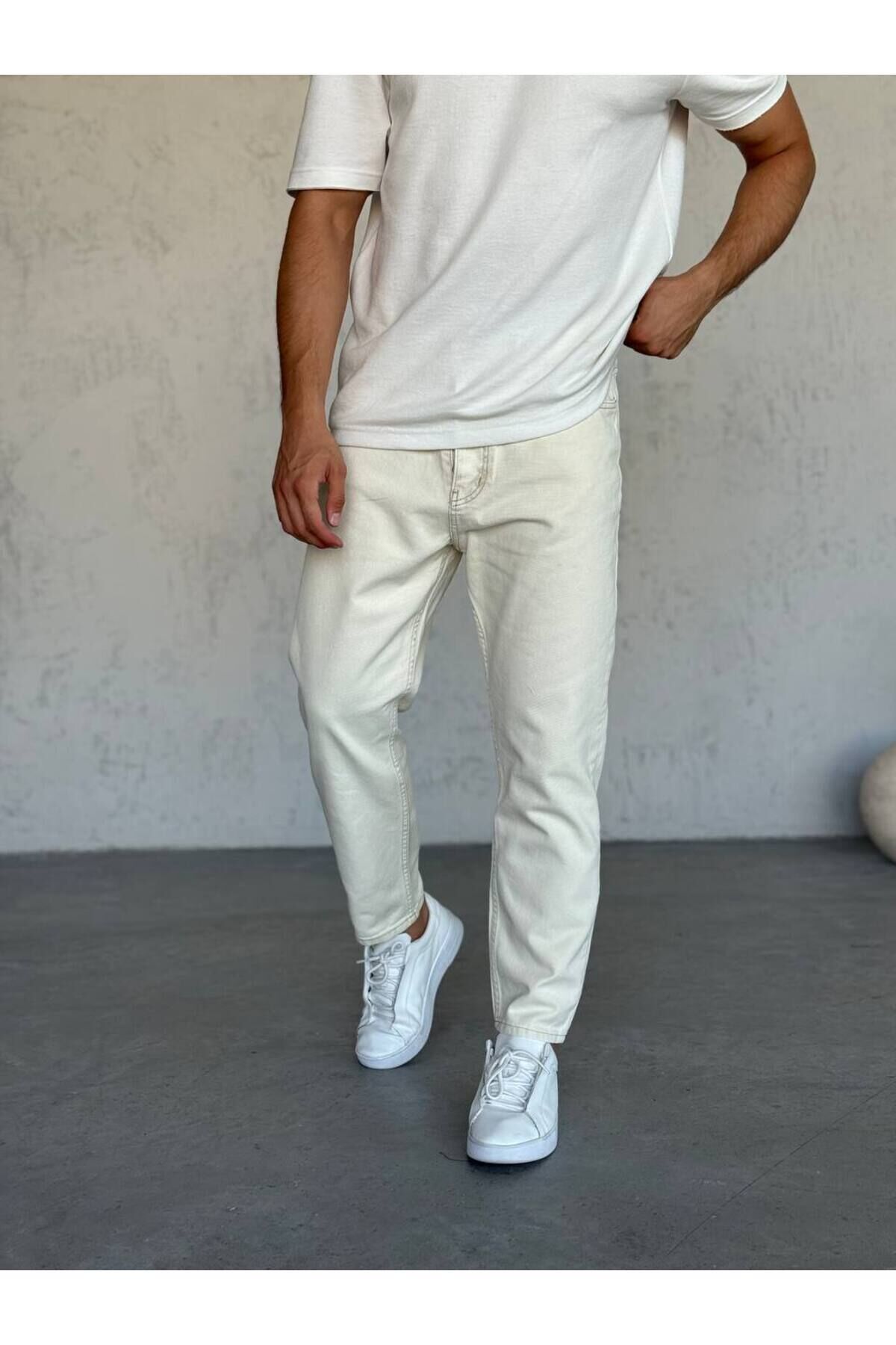 Erkek Rahat Kalıp Boyfriend Yüksek Bel Pantolon Ekru - 30
