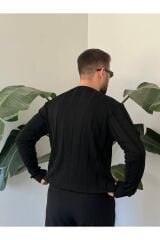 Erkek Bisiklet Yaka Yarım Oversize Geniş Kendinden Çizgili Triko Kazak Siyah - M