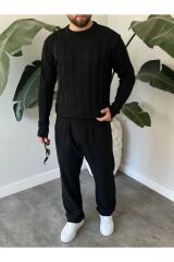 Erkek Bisiklet Yaka Yarım Oversize Geniş Kendinden Çizgili Triko Kazak Siyah - M