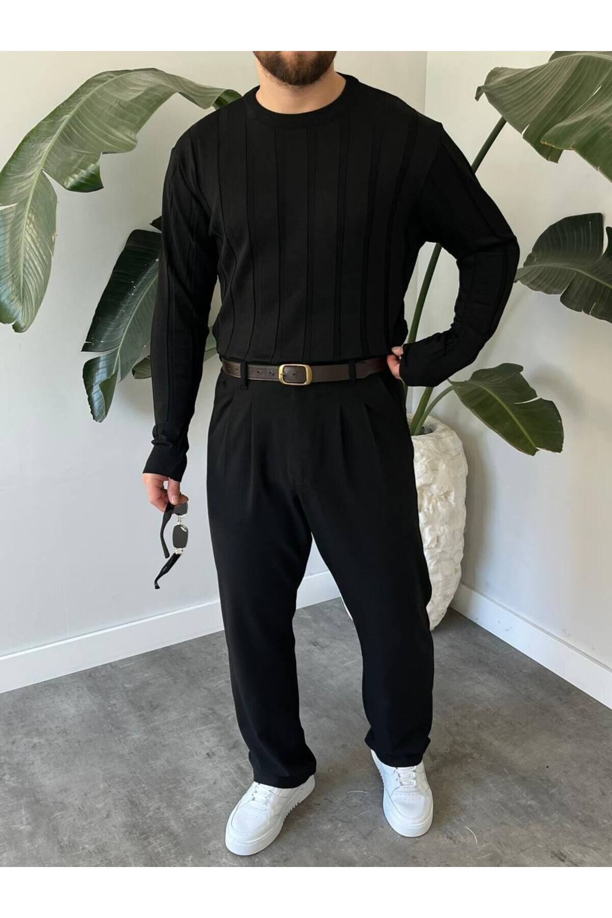 Erkek Bisiklet Yaka Yarım Oversize Geniş Kendinden Çizgili Triko Kazak Siyah - M