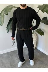 Erkek Bisiklet Yaka Yarım Oversize Geniş Kendinden Çizgili Triko Kazak Siyah - M