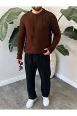 Erkek Oversize Hafifi Bol Triko Kendinden Çizgili Bisiklet Yaka Örme Triko Kazak