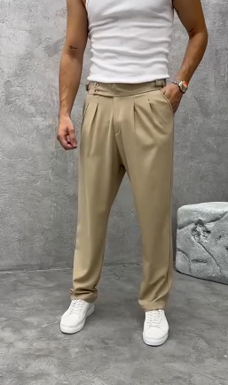 Erkek Baggy Krem Çift Çileli Tokalı Kumaş Pantolon 29