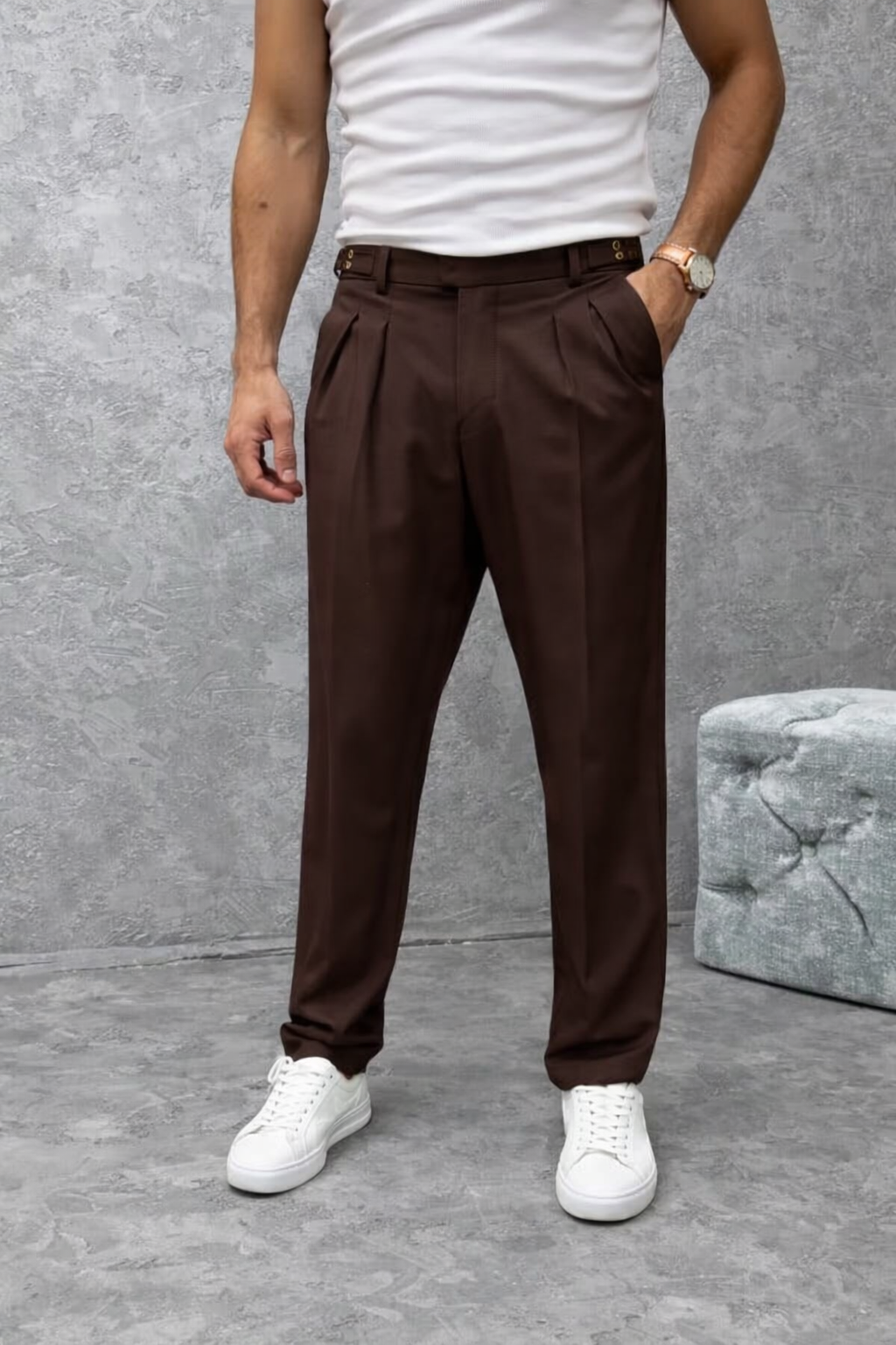 Erkek Baggy Krem Çift Çileli Tokalı Kumaş Pantolon 34