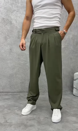 Erkek Çift Çileli Çift Tokalı Baggy Haki Pantolon 36