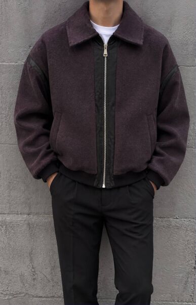 Erkek Deri Detaylı İnce Kaşe Mont Ceket Bordo - 2XL
