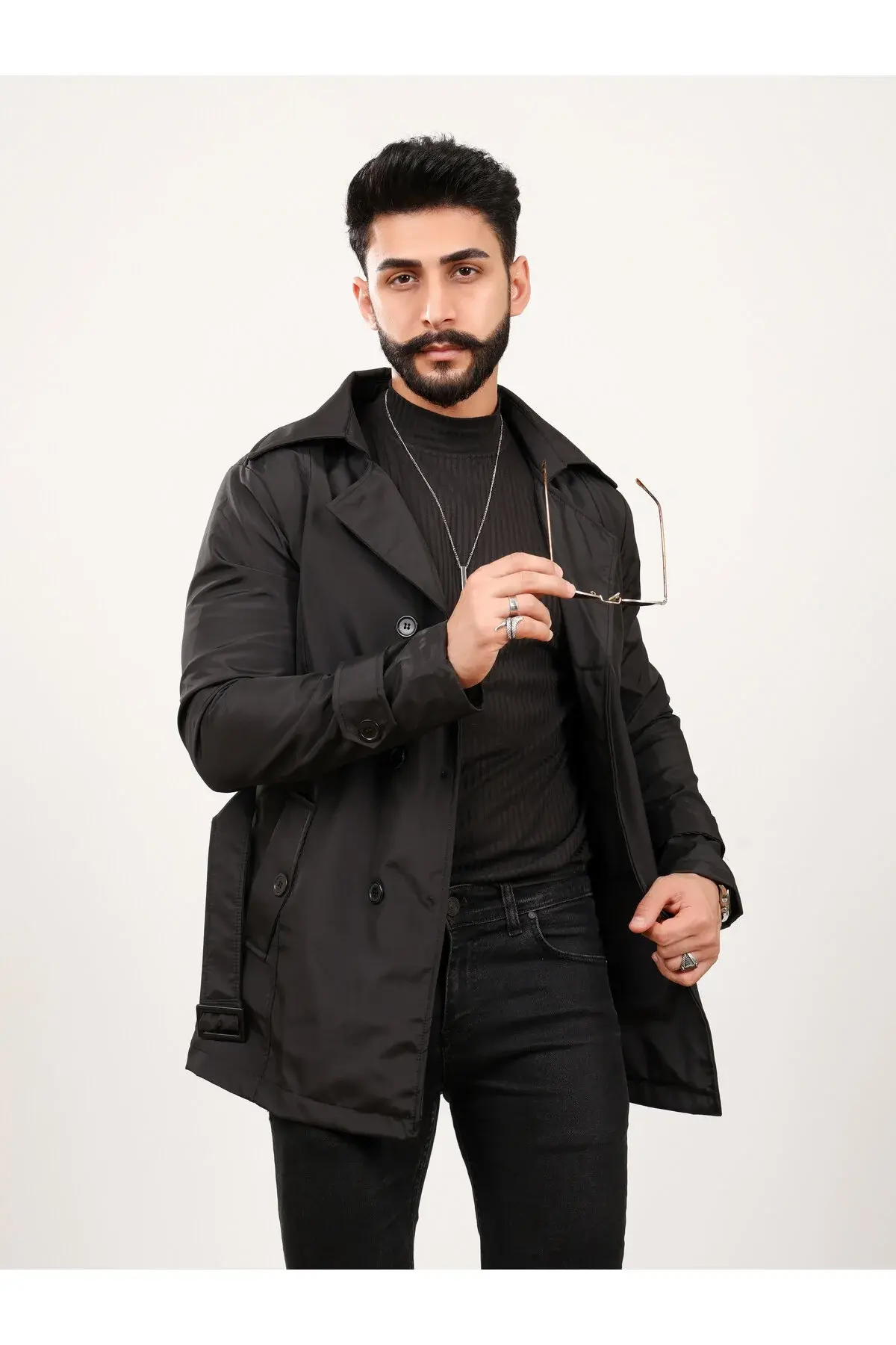 Erkek Siyah Regular Fit Trençkot