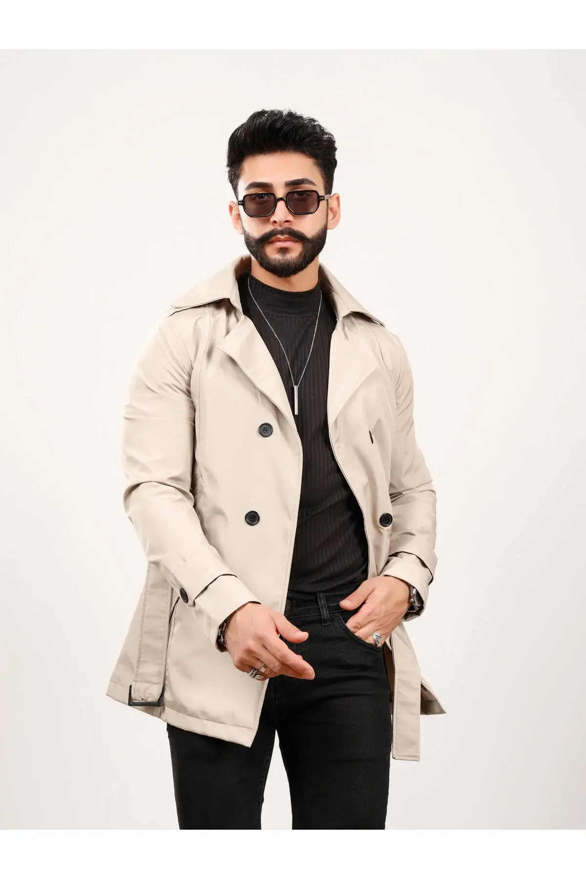 Erkek Bej Regular Fit Trençkot XL