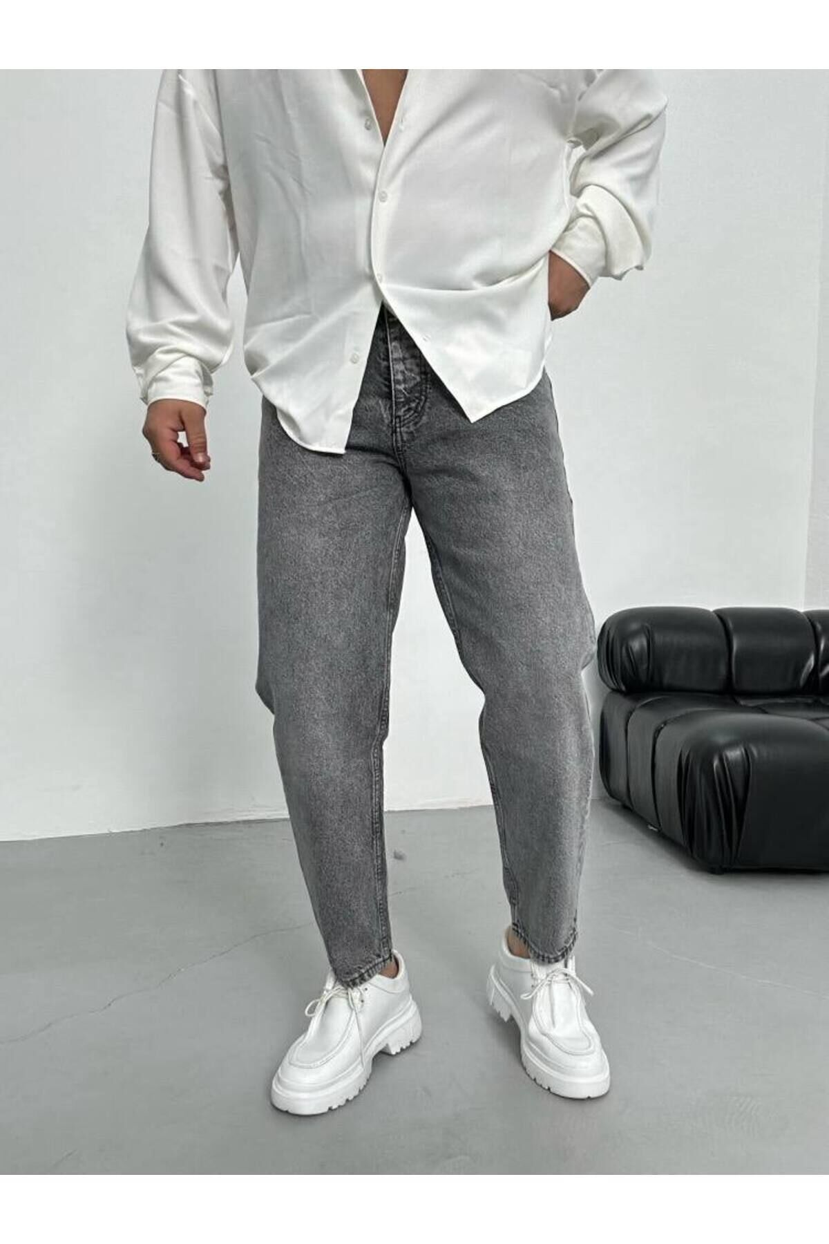 Erkek Rahat Kalıp Boyfriend Yüksek Bel Pantolon Gri - 31
