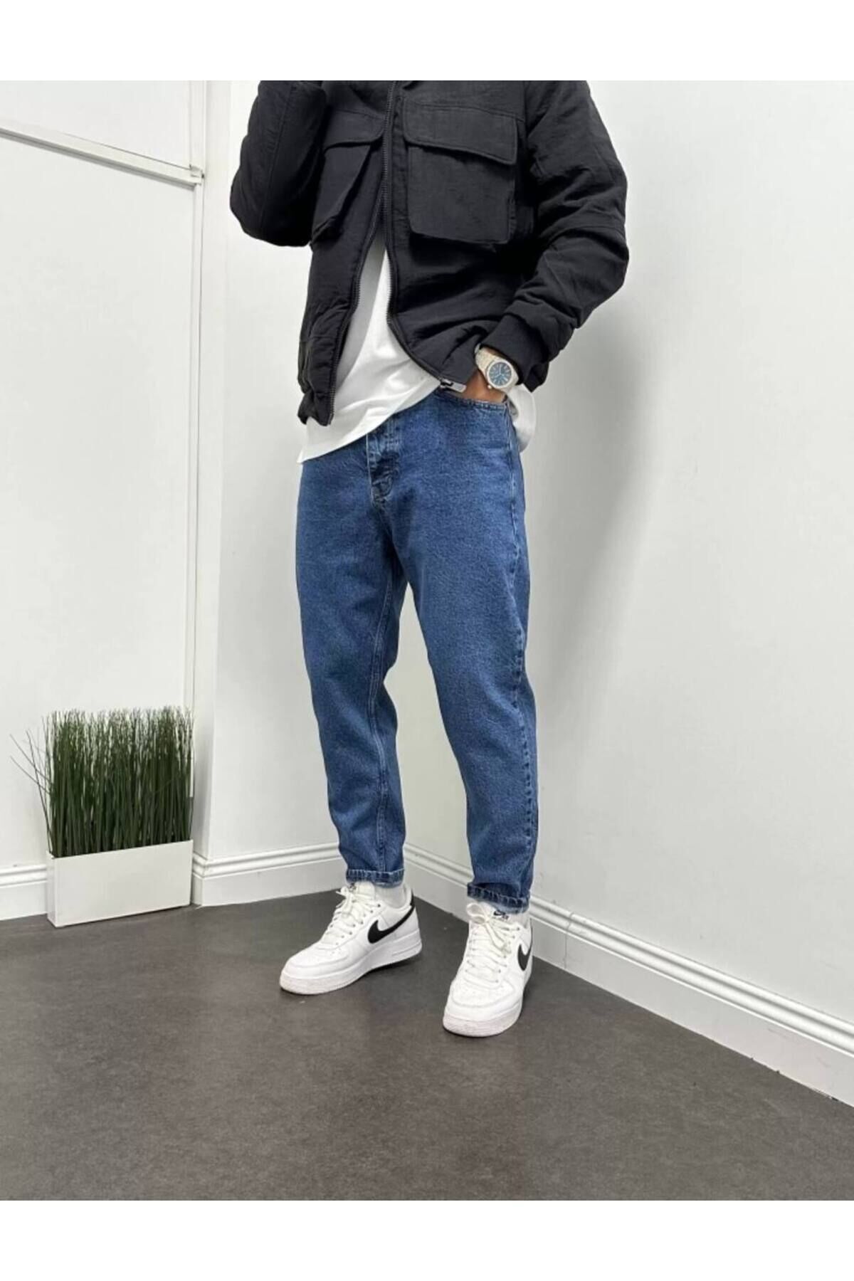 Erkek Rahat Kalıp Boyfriend Yüksek Bel Pantolon Lacivert - 32