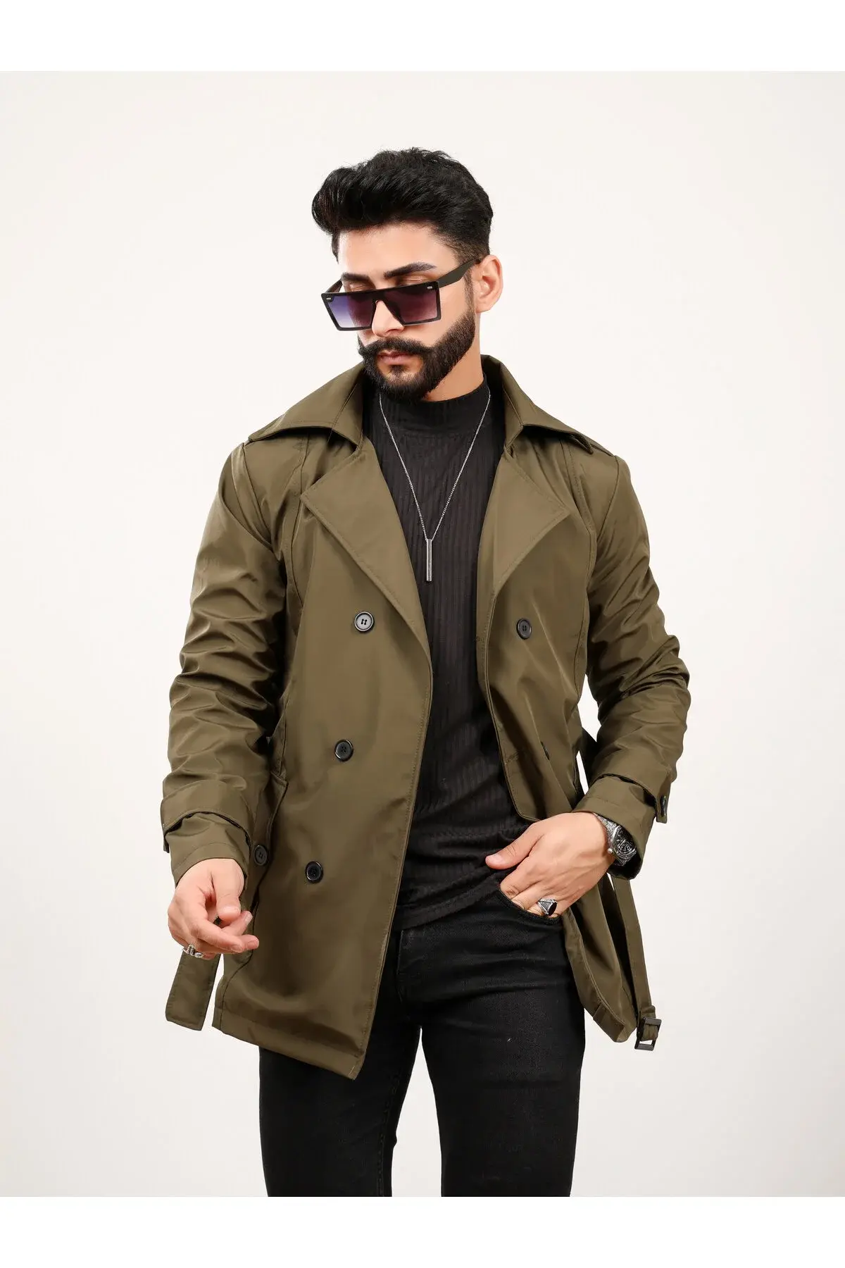 Erkek Haki Regular Fit Trençkot XL