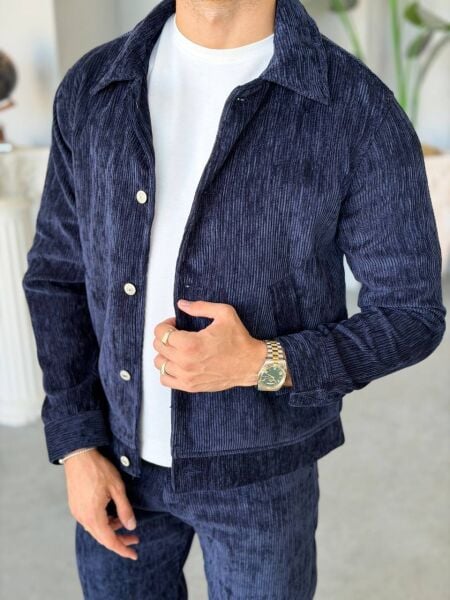 Erkek Oversize Kadife Fitilli Düz Basic Ceket Laci̇vert - XL