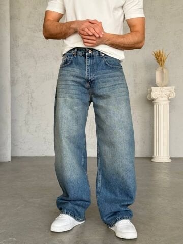 Erkek Baggy Geniş Normal Bel Kot Pantolon L