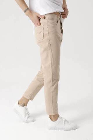 Erkek Rahat Kalıp Boyfriend Yüksek Bel Pantolon Krem - 30