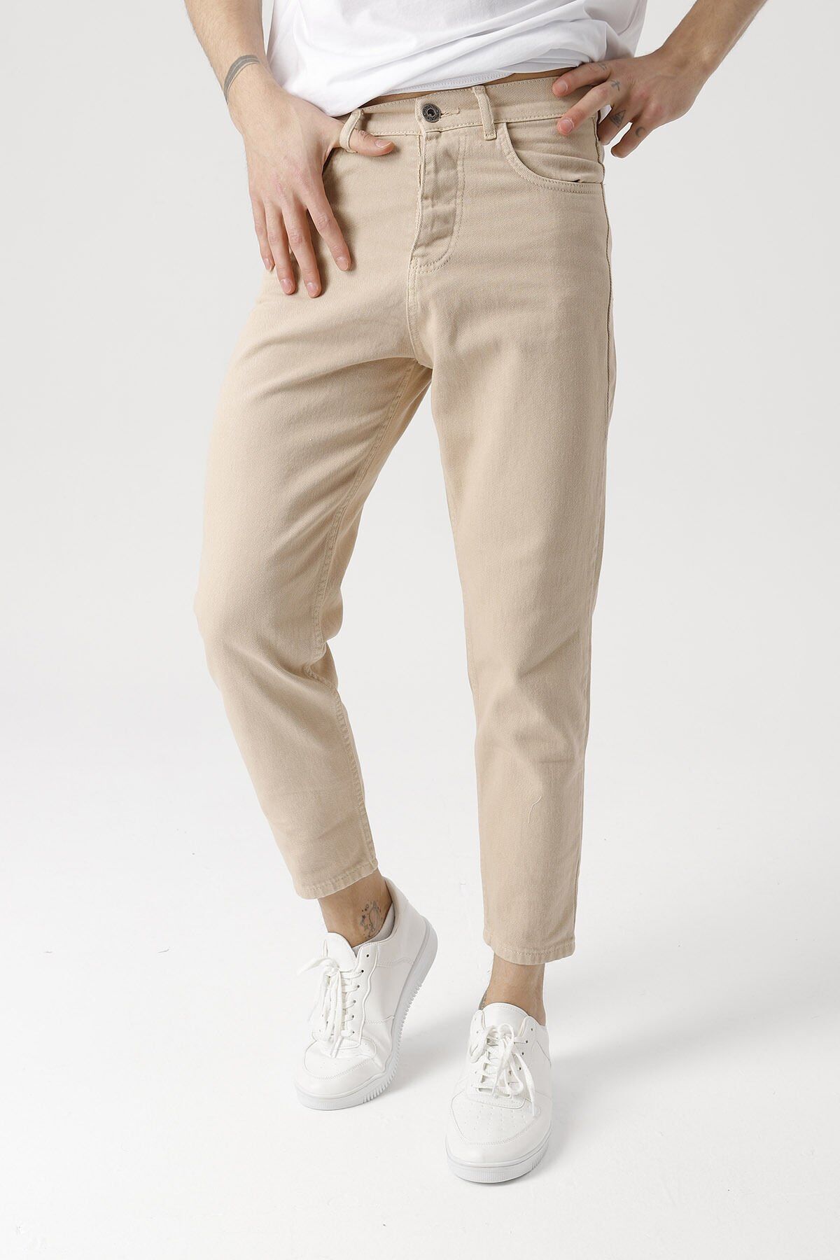 Erkek Rahat Kalıp Boyfriend Yüksek Bel Pantolon Krem - 30