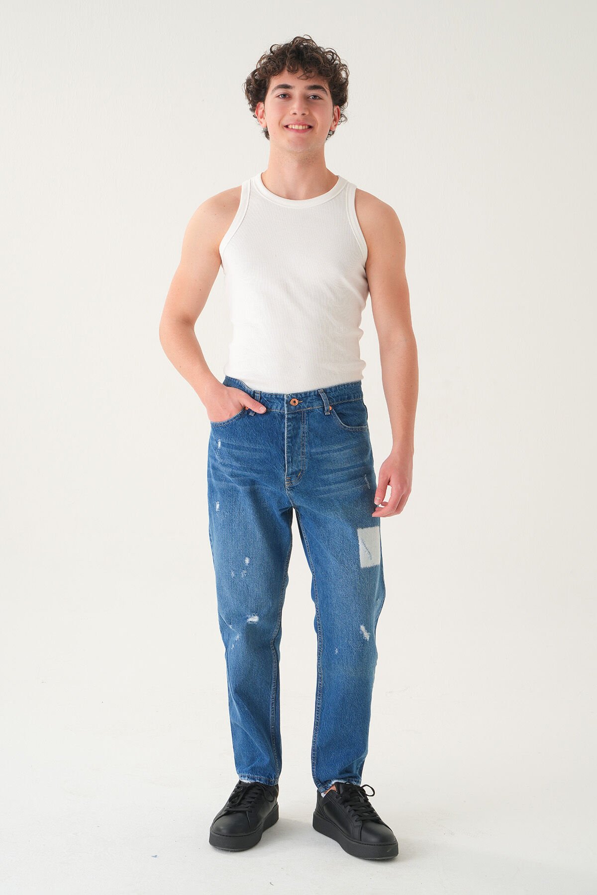 Normal Bel Baskılı Boyfriend Jean | Bol Kesim Erkek Kot Pantolon 36