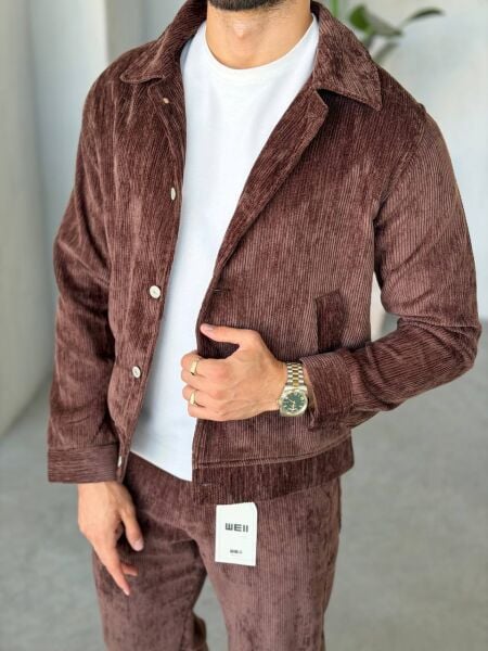 Erkek Oversize Kadife Fitilli Düz Basic Ceket Kahverengi̇ - XL