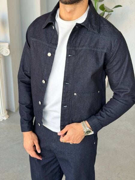 Erkek Kot Lacivert Denim Ceket L