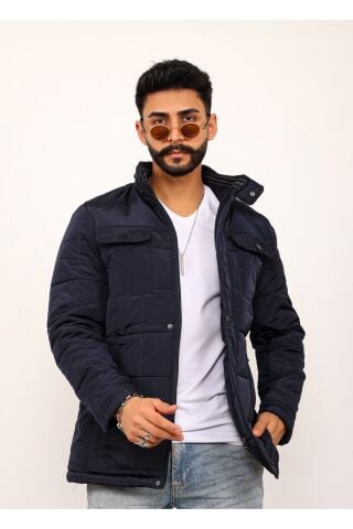 Lavivert Büyük Kareli Regular Fit Erkek Kapitone Mont Kaban Laci̇vert - M