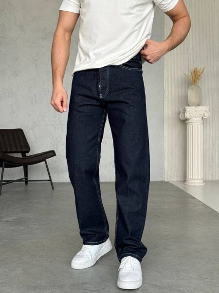 Erkek Lacivert Rahat Kesim Bol Kot Denim Pantolon L