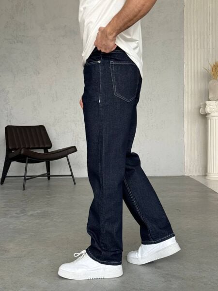 Erkek Lacivert Rahat Kesim Bol Kot Denim Pantolon L