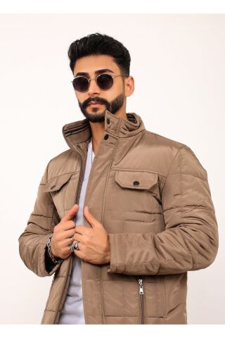 Lavivert Büyük Kareli Regular Fit Erkek Kapitone Mont Kaban Krem - L