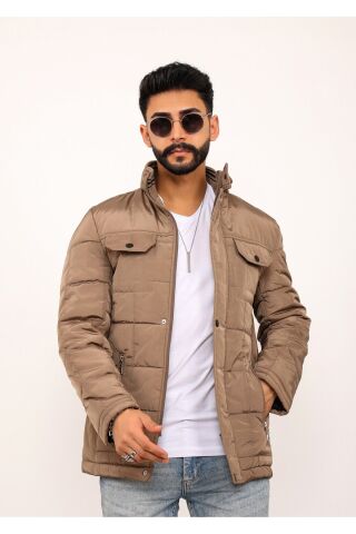 Lavivert Büyük Kareli Regular Fit Erkek Kapitone Mont Kaban Krem - L