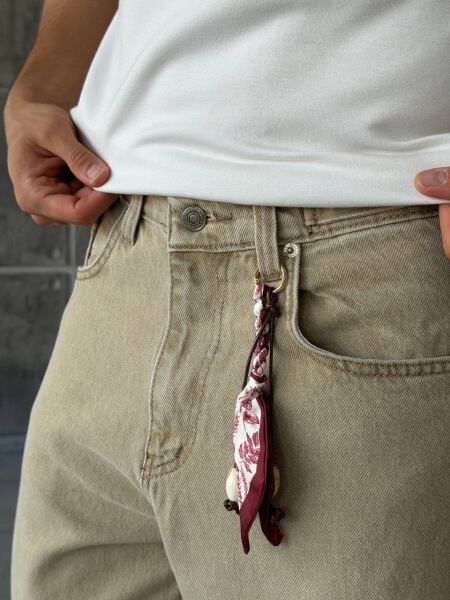 Erkek Krem Aksesuarlı Bol Denim Kot Pantolon L