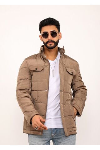 Lavivert Büyük Kareli Regular Fit Erkek Kapitone Mont Kaban Krem - S